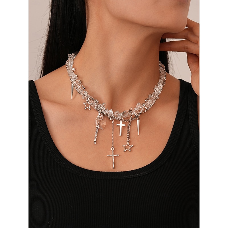 Women's Punk Gothic Black Stone Choker Necklace with Cross, Heart and Star Charms - Statement Jewelry for Party, Club and Night Out2