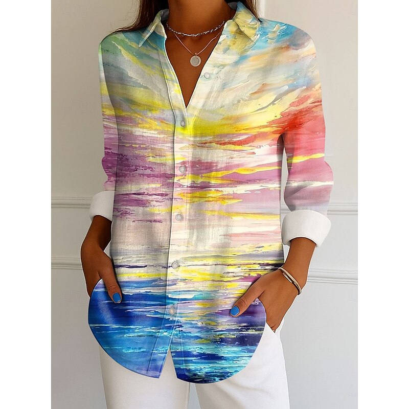 Women's Shirt Button Down Tunic Shirt Collar Long Sleeve Ombre Graphic Elegant Vintage Tropical Regular Tops Work Daily s Print Yellow Pink Blue Purple Spring4