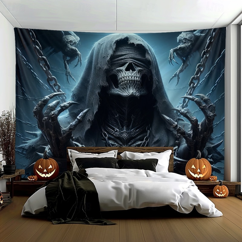 Halloween Hanging Tapestry Death God Photograph Backdrop Jack O Lantern Wall Art Large Tapestry Mural Decor Blanket Curtain Home Bedroom Living Room Decoration Death Selfie2