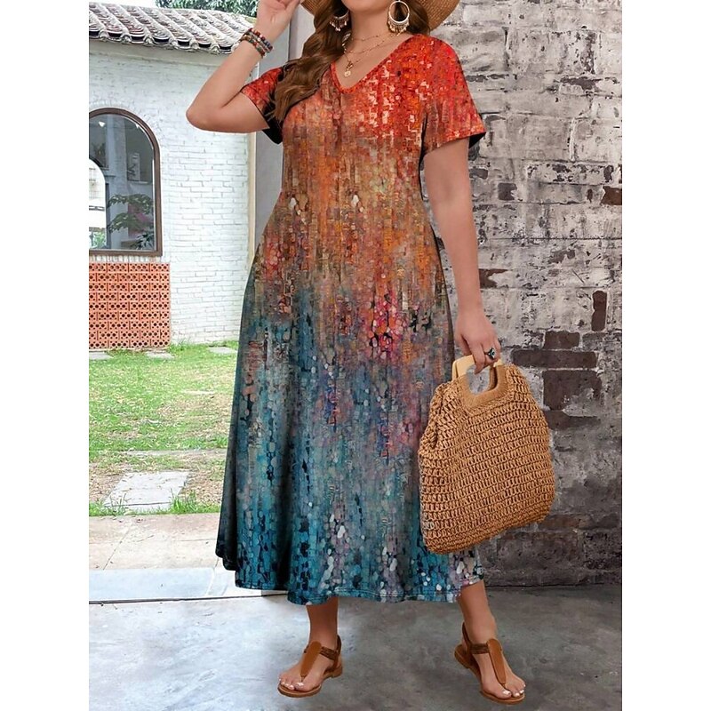 Women's Plus Size Casual Dress Ombre V Neck Short Sleeve Summer Spring Fashion Modern Casual Maxi long Dress Holiday Weekend Dress2