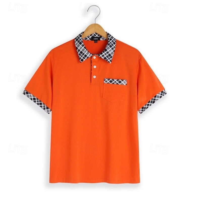 Men's Cotton Blend Polo Shirt Golf Shirt Casual Sports Lapel Short Sleeve Fashion Basic Houndstooth Plaid / Check Patchwork Pocket Summer Spring Slim Fit White Light Blue Orange Khaki Grey Cotton2