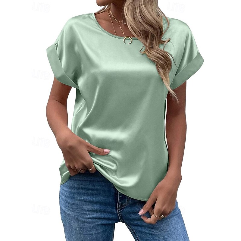 Women's T Shirt Tee Top Satin Plain Fashion Modern Short Sleeve Crew Neck Regular Tops Daily Going out Weekend Light Green Dark Green Purple Light Grey Summer2