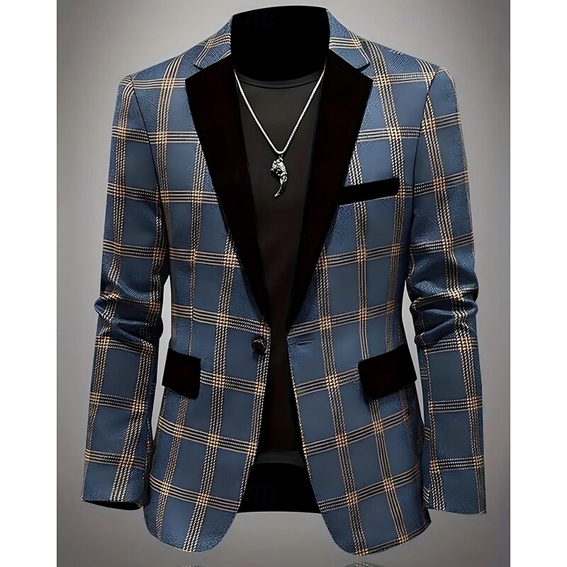Men's Blazer Business Cocktail Party Wedding Party Fashion Casual Spring Fall Polyester Plaid Pocket Buttons Comfortable Single Breasted Blazer Black Blue Brown3