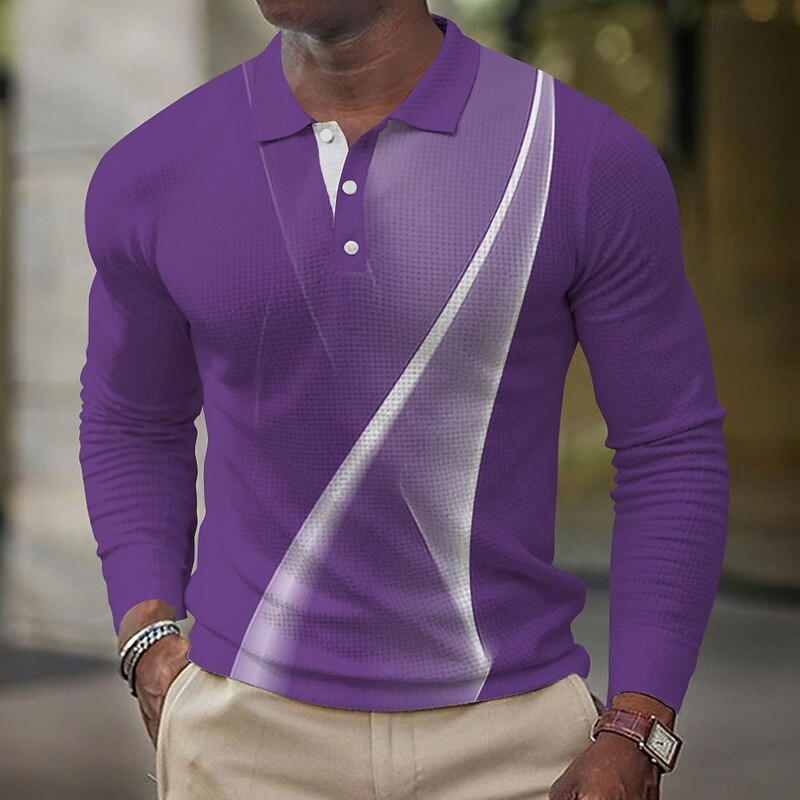 Men's Geometic Line Waffle Polo Shirts Long Sleeve Polo Shirts Collared Shirts Business Casual Business Wear to work Daily Wear Buttons Spring Fall Winter Black Blue Purple3