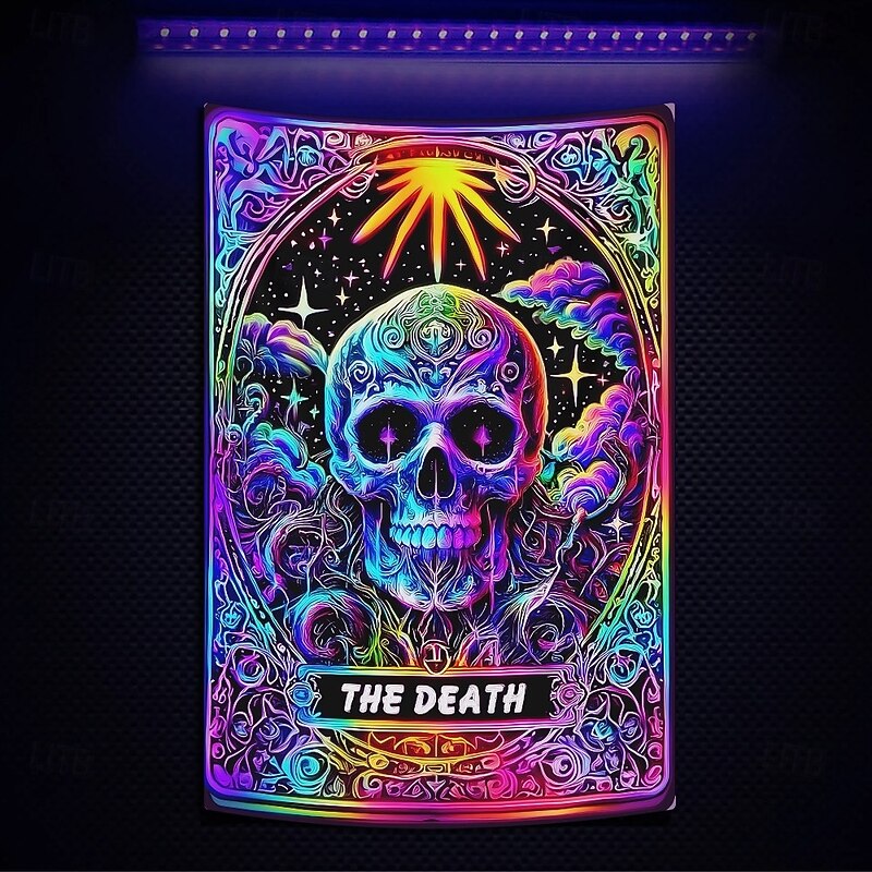 Halloween Blacklight Wall Tapestry – UV Reactive Tarot Card 'The Death' with Skull, Neon Colors Psychedelic Gothic Scene, Spiritual Backdrop for 2025 Halloween Meditation Room Decoration