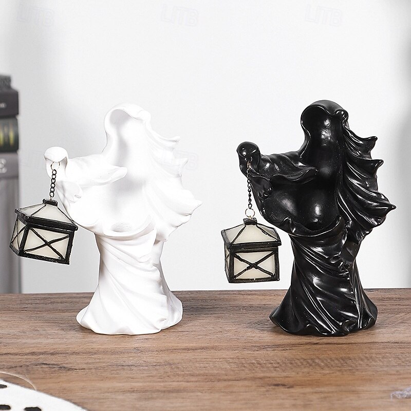Halloween Resin Figurine LED Light Up Hell Messenger Ghost Lantern Statue Spooky Black and White Resin Yard Decor for Garden Patio Tabletop Haunted Holiday Display2
