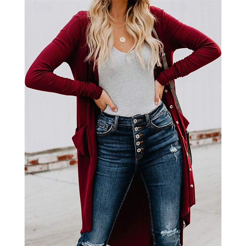 Women's Sweater Cardigan Fashion Streetwear Daily Solid Color Ribbed Open Front Pocket Knitted Long Sleeve Long Tops Knit Holiday Going out Weekend Wine Brown Fall Winter2
