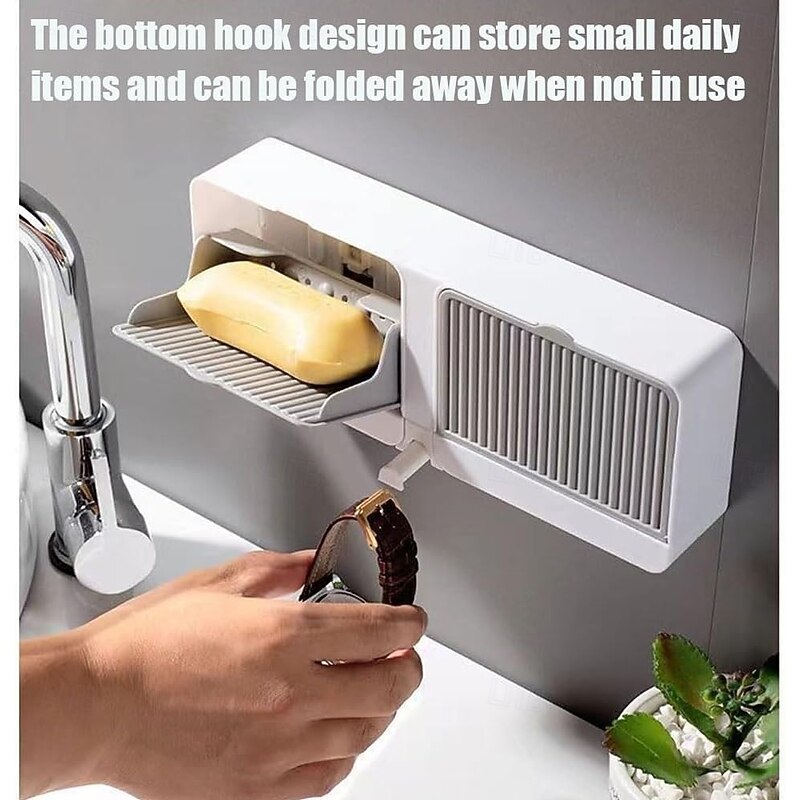 Wall-Mounted Soap Holder Dust-Proof Adhesive Bar Soap Dish with Hooks Plastic Soaps Box Tray for Bathrooms, Showers and Kitchens4