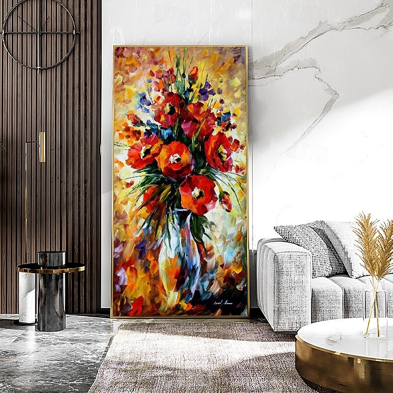 Beautiful Color Textured Knife Red Flower Oil Painting Hand-painted Thick Oil 3D Flower Oil Painting for Living Room Home Decor - Main Image
