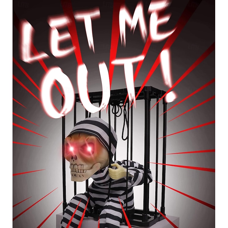 Screaming Animated Halloween Decorations, Halloween Decor Prop with Motion Sensor, Scary Skull Cage Prisoner Haunted House Decor, Spooky Hanging Ghost Light Up Eyes Decorations2