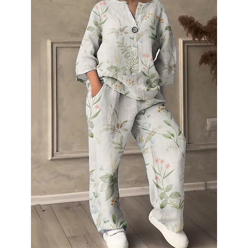 Women's Active Fashion Pants Sets Long Sleeve V Neck Floral Print Vacation Daily Holiday Black White Green Summer Regular Fit - Main Image