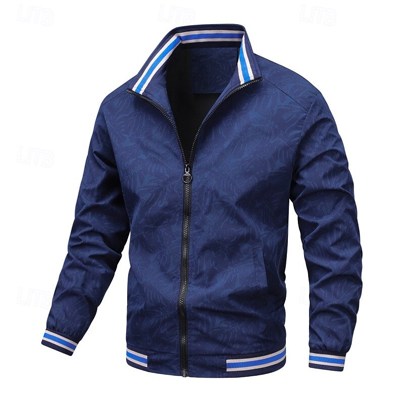 Men's Lightweight Jacket Casual Jacket Vacation Daily Pocket Spring Fall Print Fashion Classic Stand Collar Regular Black Dark Blue Jacket2