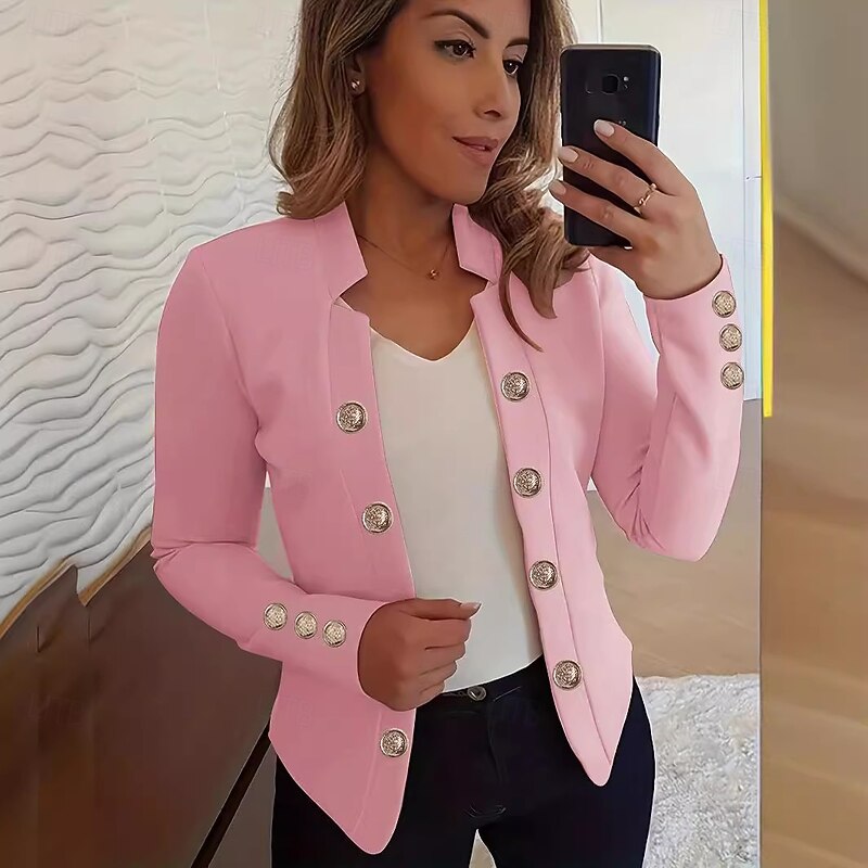 Women's Blazer Comfortable Breathable Buttons Fashion Modern Plain Work Daily Regular Stand Collar Regular Fit Long Sleeve Outerwear Light Pink Black White Spring Fall2