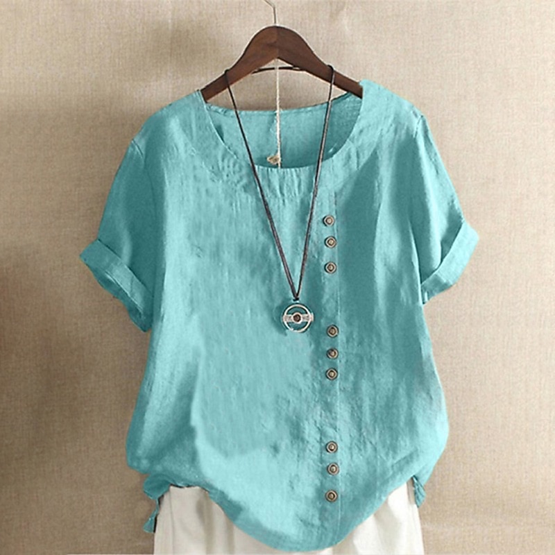 Women's Blouse Cotton Linen Shirts Plain Modern Casual Short Sleeve Crew Neck Regular Tops Holiday Going out Buttons White Yellow Army Green Green Summer4