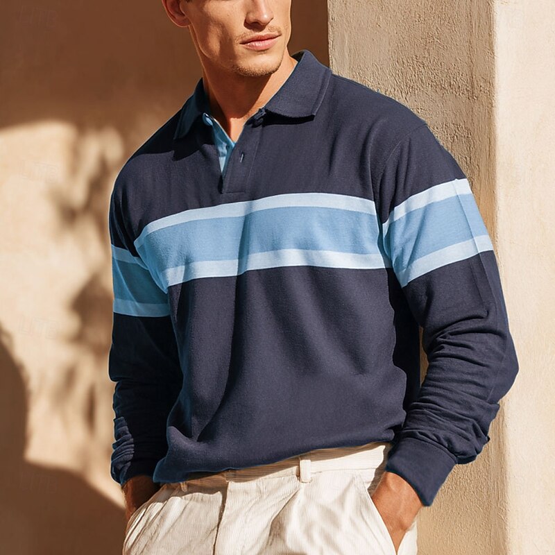 Men's Horizontal Stripes Rugby Polo Long Sleeve Polo Shirts Collared Shirts Sportswear Casual School Outdoor Athleisure 3D Print Spring Fall Winter Black Blue Brown