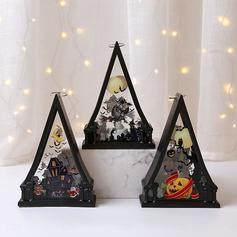 1 Pc 11.5cm Halloween Pumpkin Castle Witch Triangle Ornament Lamp Indoor Restaurant Bedroom Party Atmosphere Decoration Lamp Hanging Lantern2