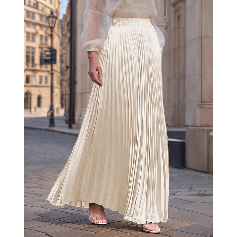 Women's Skirt Long Skirt Fashion Long Maxi High Waist Skirts Solid Colored Ruched Pleated Shimmery Micro-elastic Daily Holiday Apple Green Apricot Wine Red Pink purple Spring, Fall, Winter, Summer2