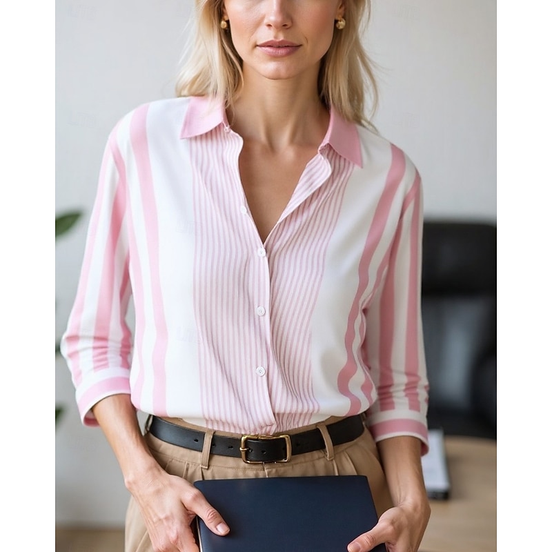 Women's Blouse Dressy Tops Chiffon Tops Color Block Striped Elegant Daily Stylish Long Sleeve Shirt Collar Regular Tops Work Daily Buttons Print Pink Wine Blue Brown Green Spring, Fall, Winter, Summer