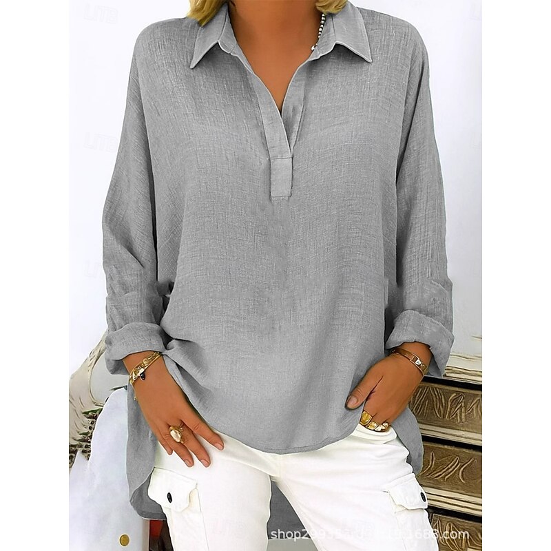 Women's Cotton Linen Shirts Solid Color Basic Casual Long Sleeve V Neck Regular Tops Daily Pink Blue Green Gray Summer Spring Fall4