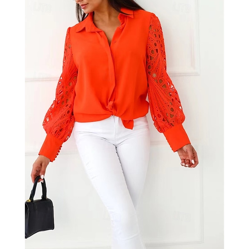 Women's Shirt Plain Daily Stylish Basic Long Sleeve Shirt Collar Regular Tops Work Daily Holiday Lace Cut Out Buttons Orange Spring Fall