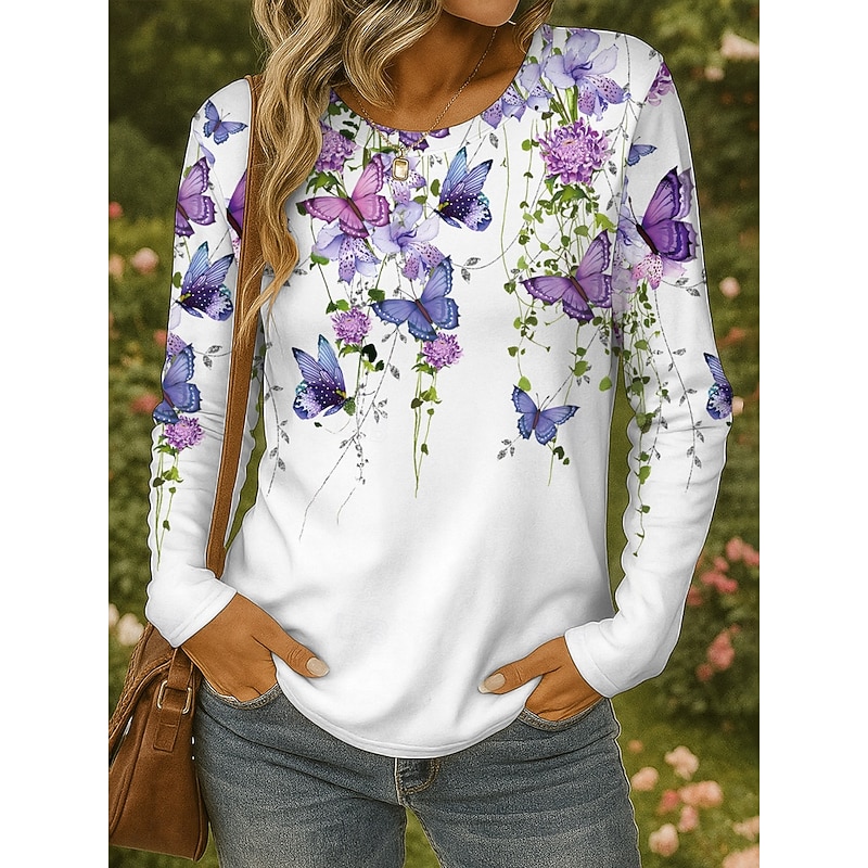 Women's T shirt Long Sleeve Crew Neck Long Sleeve Tunic Floral Graphic Butterfly Vintage Stylish Classic Round Neck Regular Tops Daily Print Black White Yellow Pink Blue Fall Prefall