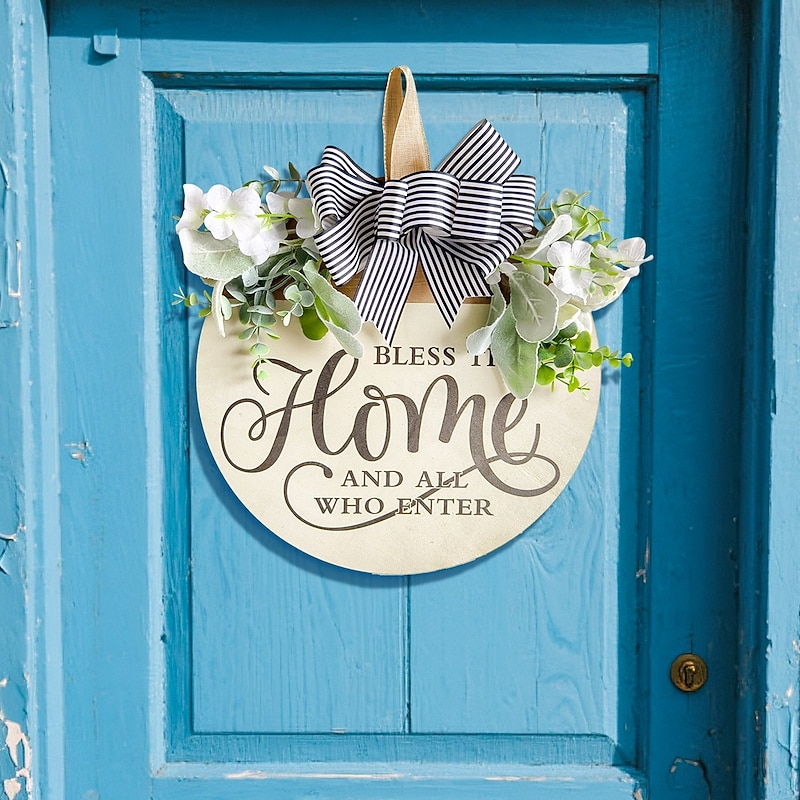 Farmhouse HOME Welcome Sign Wooden Front Porch Hanging Decor with Faux Flowers and Bowknot, Rustic Yard Door Wall Plaque2
