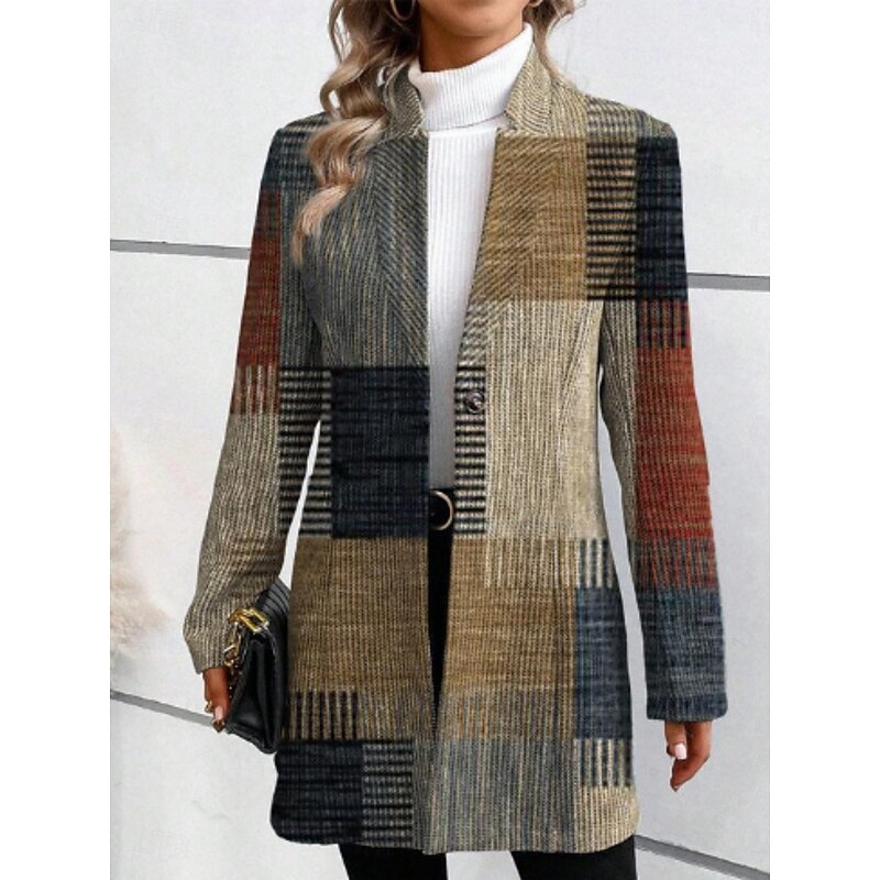 Women's Casual Jacket Comfortable Breathable Print Casual Plaid Vacation Street Daily Wear Going out Open Front Regular Stand Collar Regular Fit Long Sleeve Outerwear Black Khaki Summer Spring