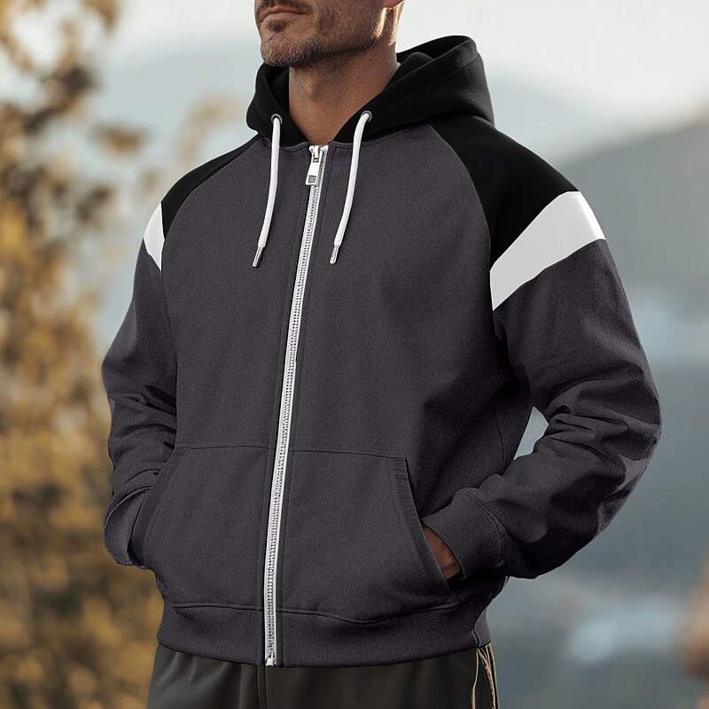 Men's Hoodie Full Zip Hoodie Fleece Hoodie Black Red Navy Blue Beige Gray Hooded Plain Patchwork Zipper Sports & Outdoor Casual Daily Streetwear Cool Sportswear Spring &  Fall Clothing Apparel Hoodies
