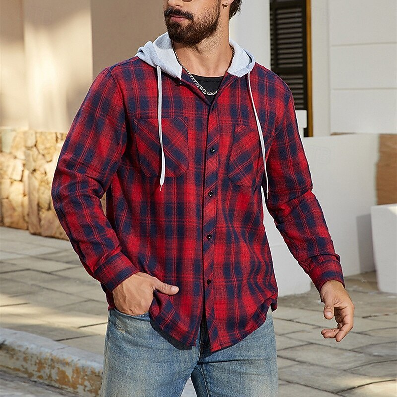 Men's Lightweight Jacket Shirt Jacket Casual Jacket Shacket Vacation Daily Breathable Pocket Spring Fall Plaid Fashion Classic Hooded Regular Red Blue Jacket4