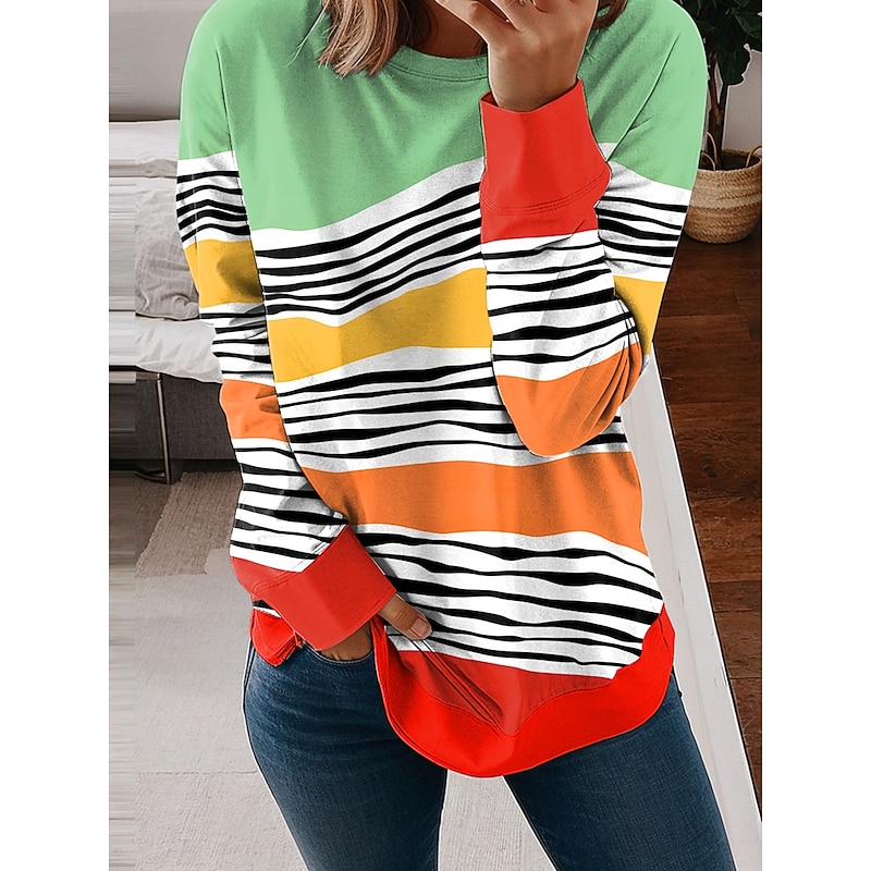 Women's Sweatshirts Graphic Geometric Striped Casual Long Sleeve Crew Neck Regular Tops Street Casual Holiday Print Light Green Blue Purple Green Spring Fall Winter - Main Image