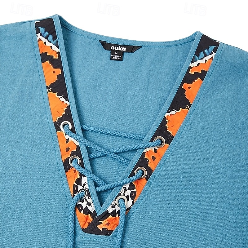 Men's Shirt Linen Shirt Viking Style Summer Shirt Beach Shirt Vintage Shirt Solid Color Vacation Casual Black White Green Long Sleeve V Neck Summer Spring Clothing Apparel Drawstring3