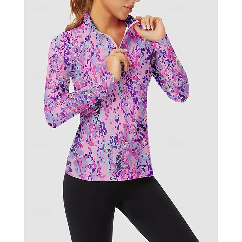 Women's Floral Botanical Golf Polo Shirt Tennis Shirt Long Sleeve Print Quarter Zip Pullover UV Protection Elastic Breathable Tennis Golf Pickleball Zip Collar Shirt Polo Purple Tennis Clothing4