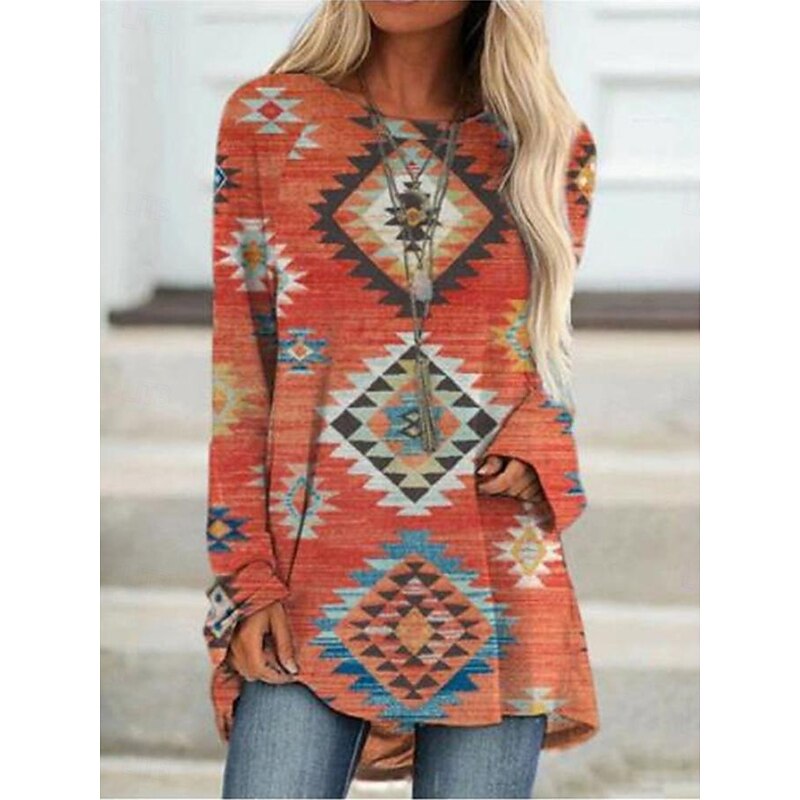 Women's T shirt Long Sleeve Graphic Geometric Vintage Stylish Classic Long Sleeve Crew Neck Round Neck Regular Tops Daily Print Red Orange Green Khaki Spring Fall Prefall3