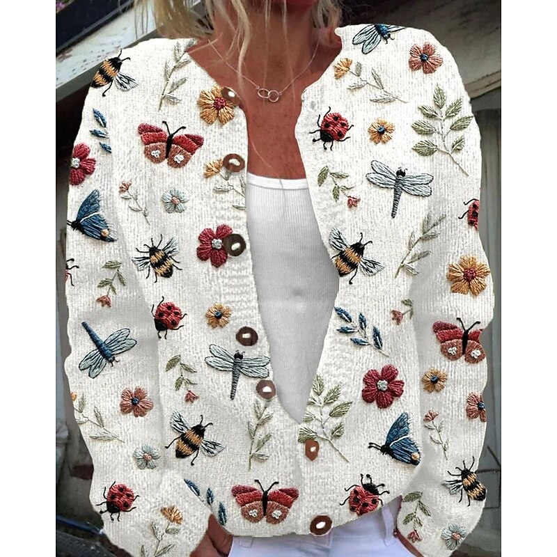 Women's Sweater Cardigan Fashion Streetwear Daily Animal Ribbed Open Front Knitted Print Long Sleeve Long Tops Knit Holiday Going out Weekend Black White Fall Winter2