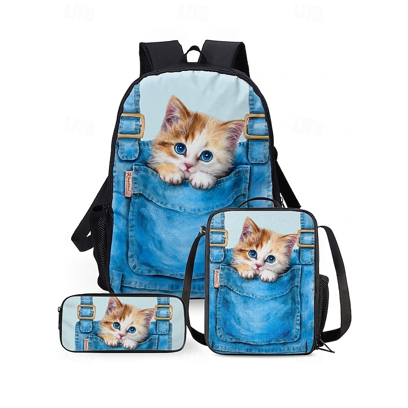Kid's 3-Piece Denim Pocket Cat Print Backpack Set by Kayomi Harai- Cute Cartoon Design, Insulated Lunch Bag, Adjustable Shoulder Strap, Great for School, Travel and Daily Use2