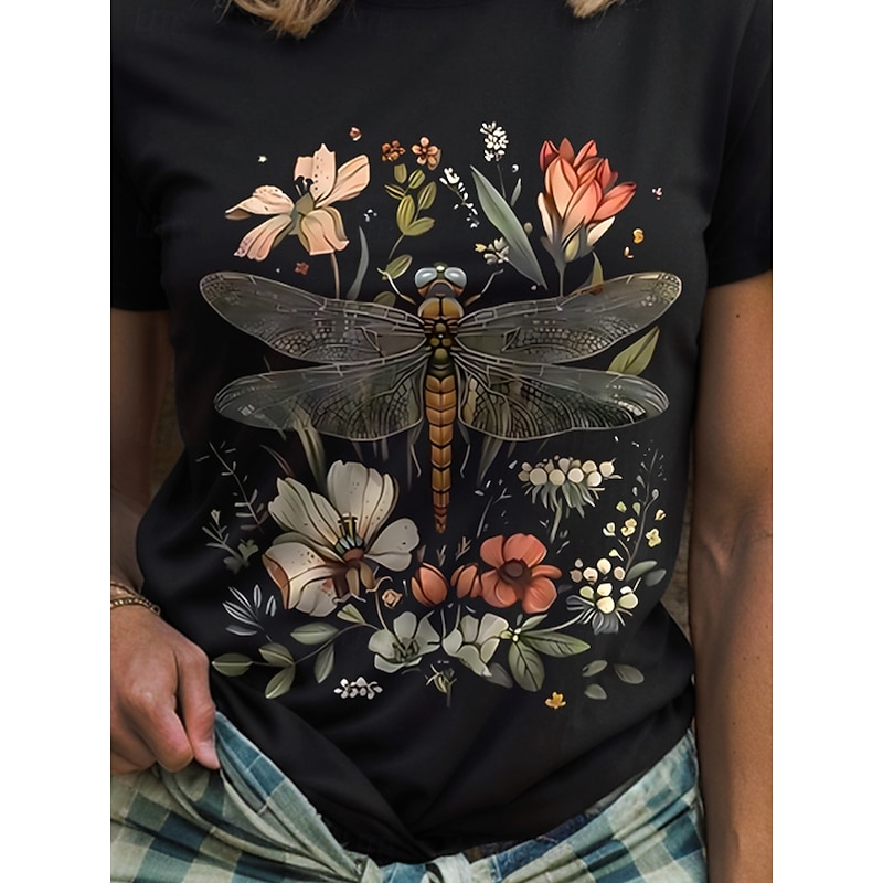 Women's T Shirt Floral Graphic Dragonfly Vintage Stylish Classic Short Sleeve Crew Neck Round Neck Regular Tops Daily Weekend Print Black White Yellow Pink Red Summer Spring3