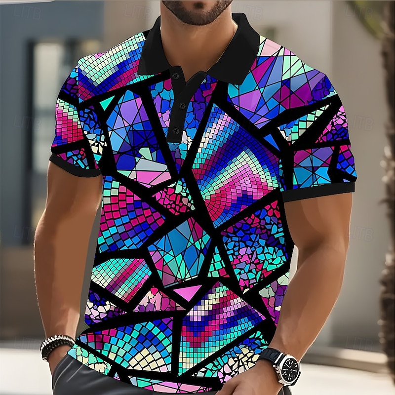 Men's Abstract Geometic Polo Short Sleeve Polo Shirts Collared Shirts Casual Athleisure Daily Wear Streetwear Buttons Summer Blue Purple Orange