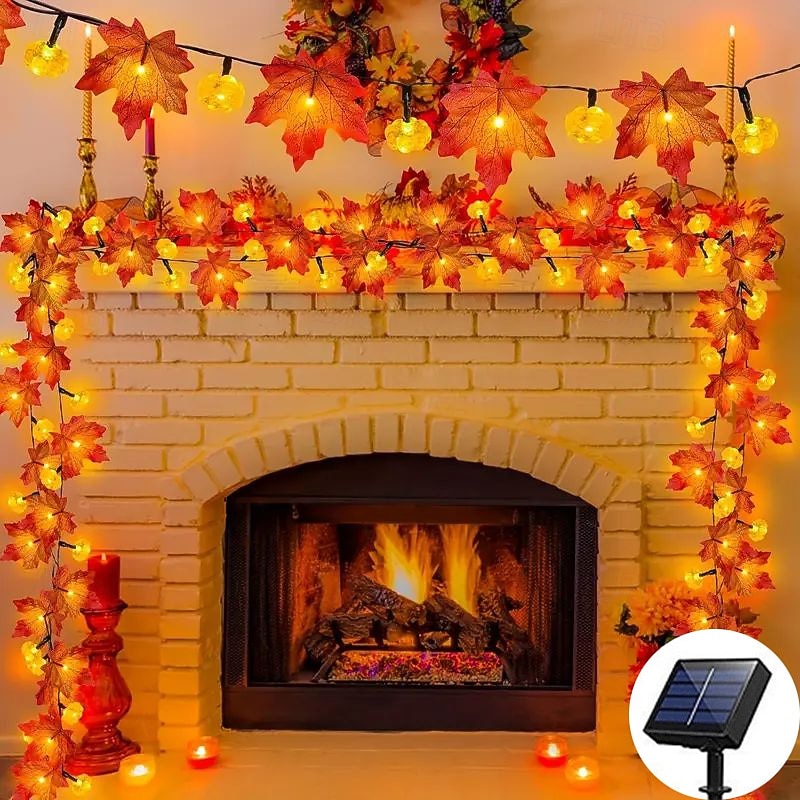 Halloween Solar Pumpkin Maple Leaf Fairytale String Lights 6.5m 30LED Outdoor Waterproof Garden Lights Thanksgiving Halloween Party Atmosphere Home Balcony Terrace Yard Porch Decoration