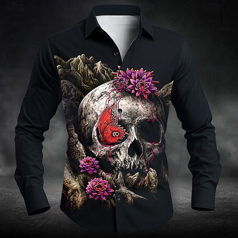 A Glance of Evanescence by Sarah Richter Men's Skull Floral Print Flowers Button Up Shirt Long Sleeve Designer Shirt Limited Artist Edition