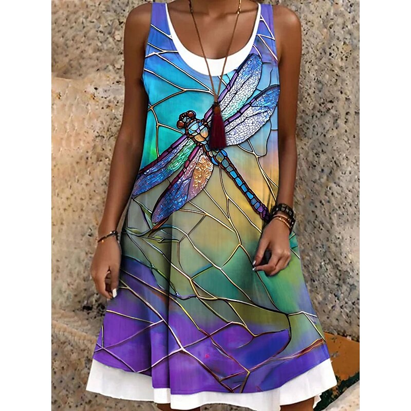 Women's Mini Dress Sundress A Line Dress Off The Shoulder Dress Vacation Casual Boho Daily Regular Fit Graphic Animal Dragonfly Sleeveless Crew Neck Blue Purple Green Summer Spring Fall