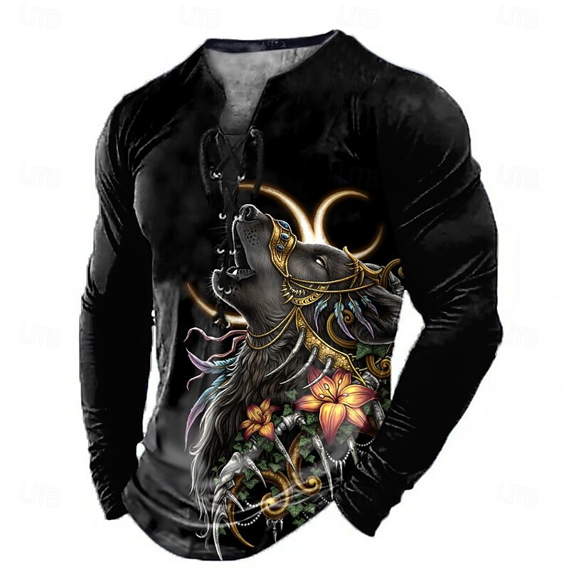 Sarah Richter Halloween Men's Dragon 3D Henley Shirt T shirt Tee Long Sleeve T shirt 3D Print Lace Up Neck Henley Shirt Fashion Casual Vintage Retro Tee