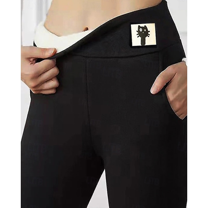 Women's Slacks Leggings Cozy Fleece Lined Streetwear Casual Full Length Natural Plain Elastic Waist Comfortable Street Daily Wear Weekend Black Winter Regular Fit