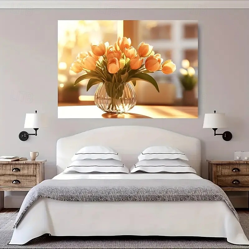 Large Frameless Modern Canvas Art - Vibrant Tulip Vase Paintings For Living Room And Bedroom Decoration Warm Golden Tones Glass Vases With Flowers Modern Wall Art In Neutral Spaces Bedroom Wall Ar3
