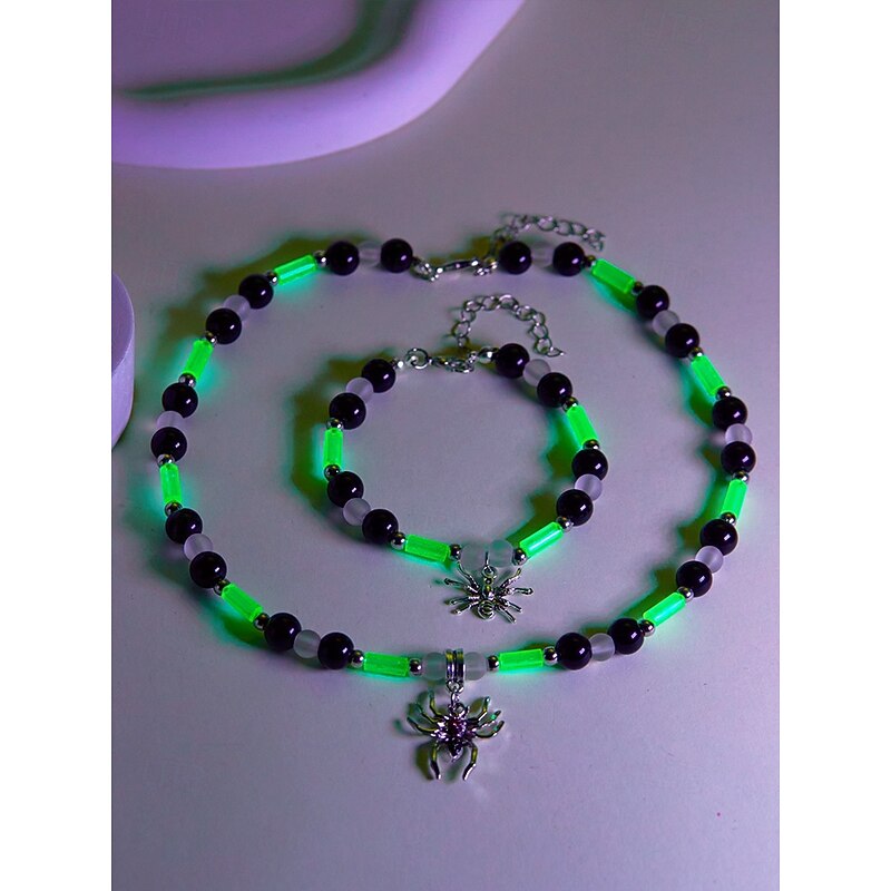 Women's Halloween Glow-in-the-Dark Spider Necklace and Bracelet Set – Alloy and Resin Beaded Jewelry for Party, Cosplay and Costume Accessories2