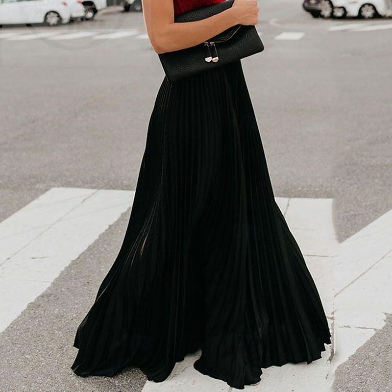Women's Skirt Fashion Maxi High Waist Skirts Plain Pleated Micro-elastic Casual Daily Black Pink Red Green Summer Polyester2