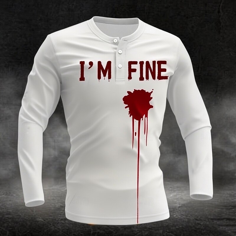 Men's Halloween Blood Splatter Funny Blood stains I'M FINE Henley Shirt Long Sleeve Fashion Cute Daily Halloween Casual Holiday Fall Spring &  Fall White Henley Henley T-Shirt