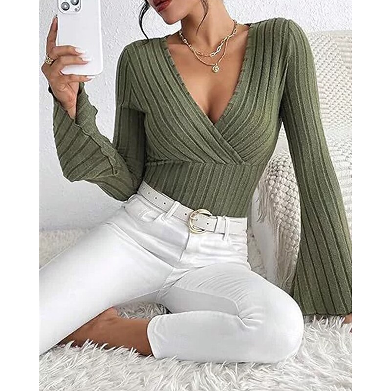 Women's Texture Blouse T Shirt Plain Fashion Modern Long Sleeve V Neck Regular Tops Daily Tunic Black Army Green Gray Summer2