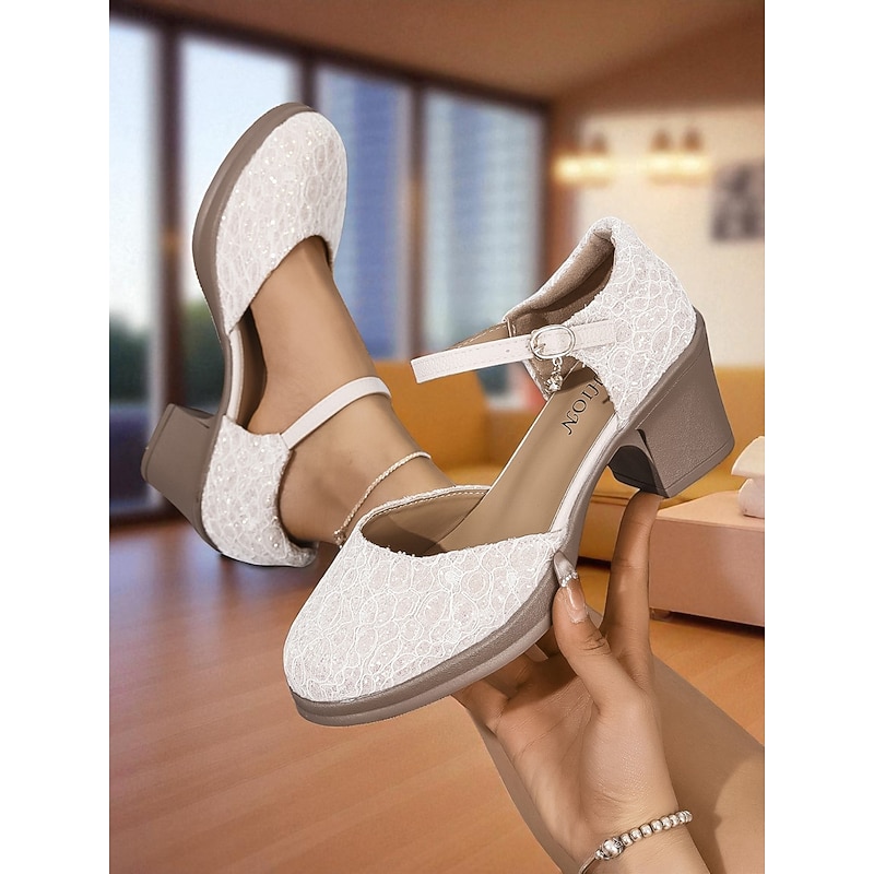 Women's Lace Mary Jane Chunky Heel Shoes - Comfortable Low Heel Wedding Pumps with Adjustable Strap for Brides, Garden Parties, and Afternoon Teas3