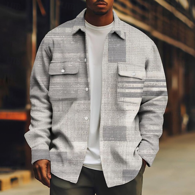 Men's Color Block Gradient Patchwork Corduroy Shirt Shacket Shirt Jacket Long Sleeve Casual Outdoor Dailywear Fall Winter Turndown Button-Down Jacket with Flap Pockets Black Pink Khaki Light Grey Gray4