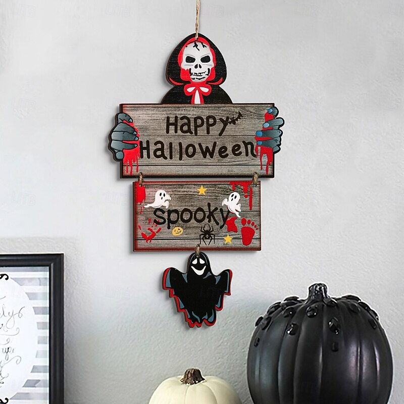 Halloween Wooden Hanging Sign Decor, Cartoon 3-Piece Printed Ghost and Skull Plaque, Colorful Wall or Door Ornament for Halloween Party, Home Decoration, and Spooky Scene Setup - Main Image